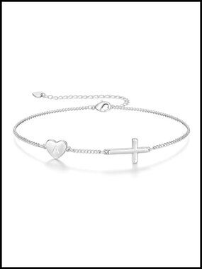 14K Gold Plated Initial Cross Bracelet Heart Charm Adjustable Chain Gift for